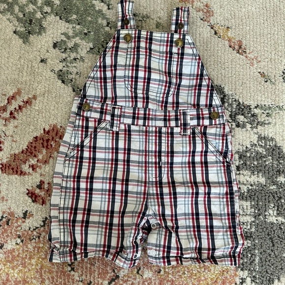 Y2K Gymboree Baby Boy Plaid Red White Blue Overalls Shortalls 6-12 M 100% Cotton - Picture 13 of 14